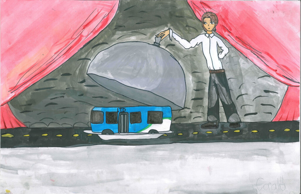 A drawing shows a person lifting a large cloche to reveal a blue and white bus on a tray, with red curtains and a dark background.