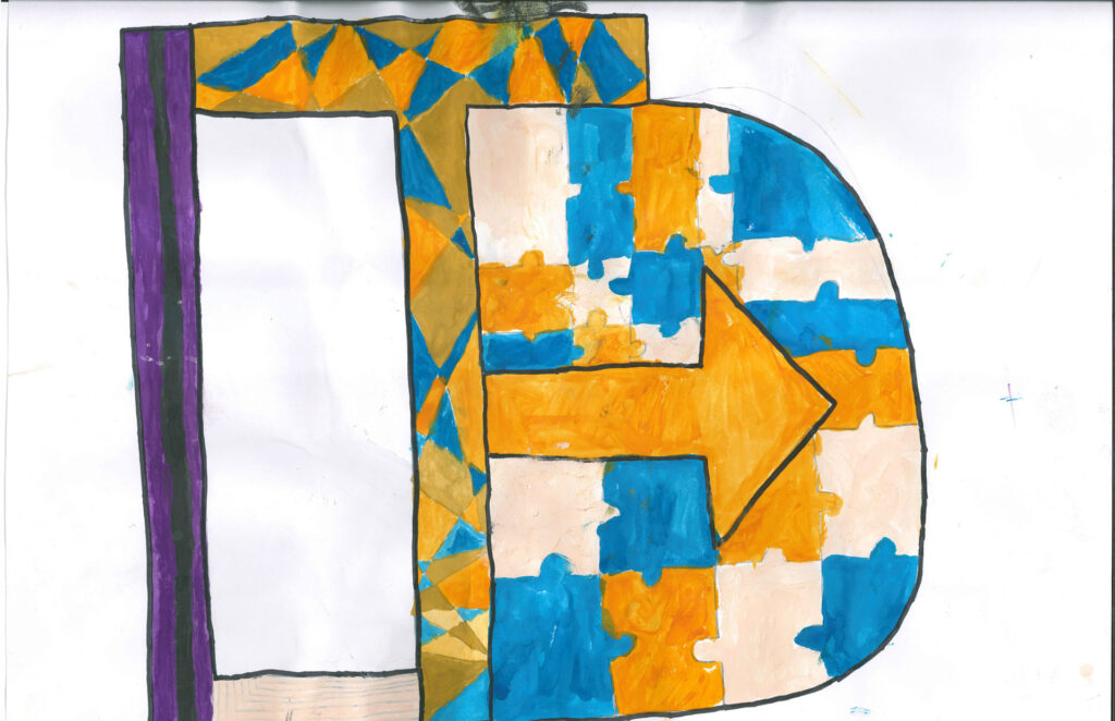 A large letter "D" is filled with a blue, orange, and white puzzle piece pattern. The left side of the "D" is bordered with a purple stripe, and a yellow arrow points right inside the letter.