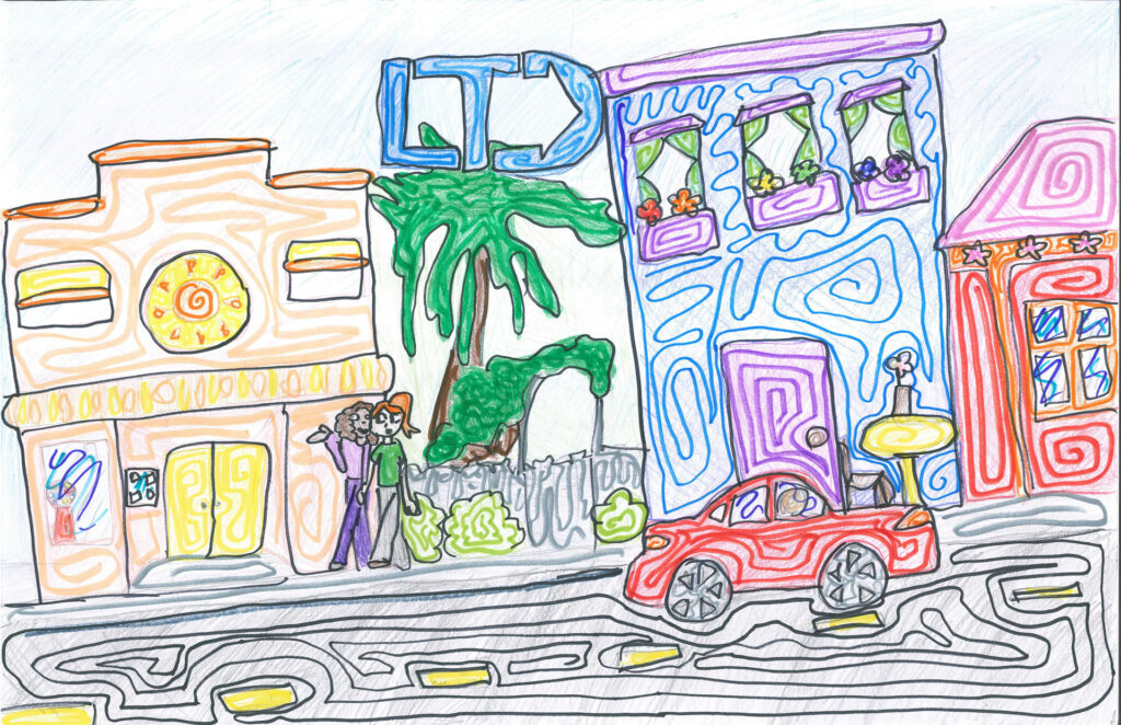 A colorful, hand-drawn street scene with three buildings, a red car, two people standing on the sidewalk, greenery, and a palm tree in the background.