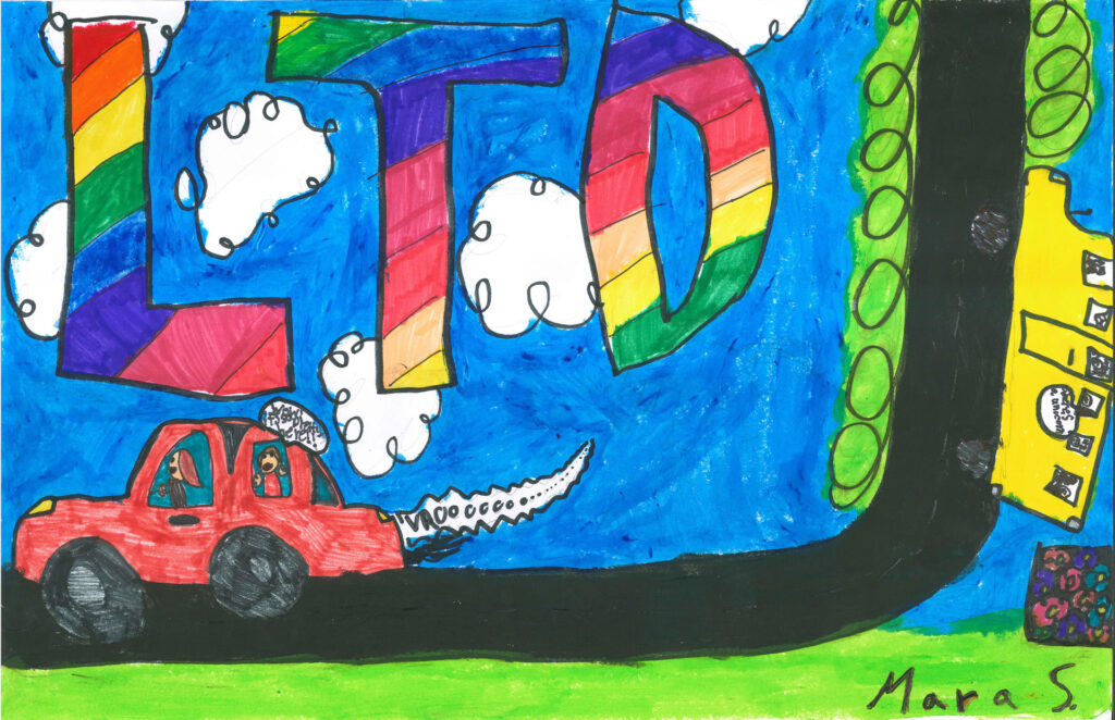 A red car drives on a road toward a yellow bus, with large rainbow-colored letters "LTD" and clouds in a bright blue sky. The name "Mara S" is written at the bottom right.