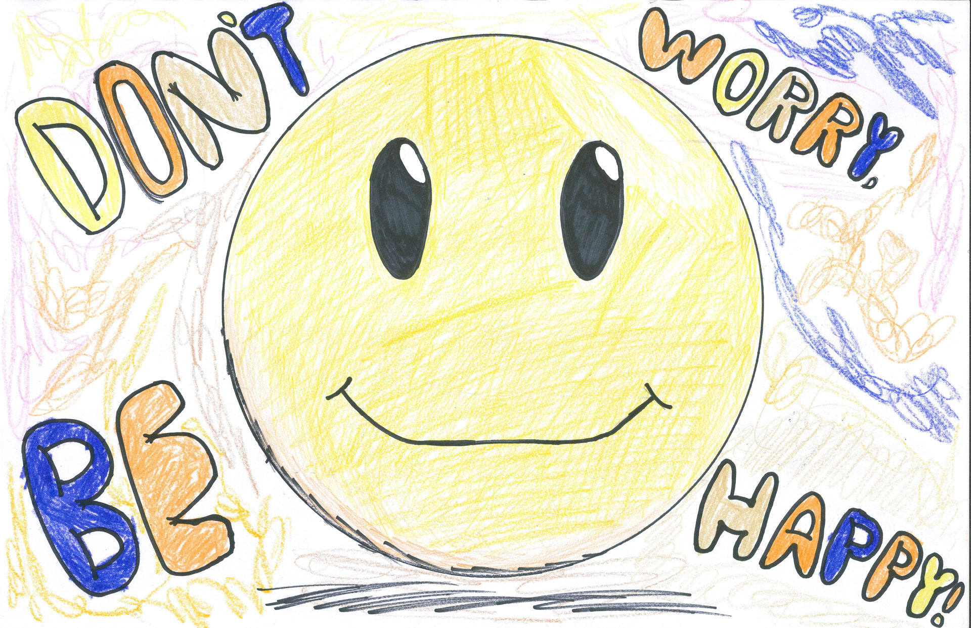 Hand-drawn image of a large yellow smiling face with the words "Don't Worry, Be Happy" written in colorful letters around it.