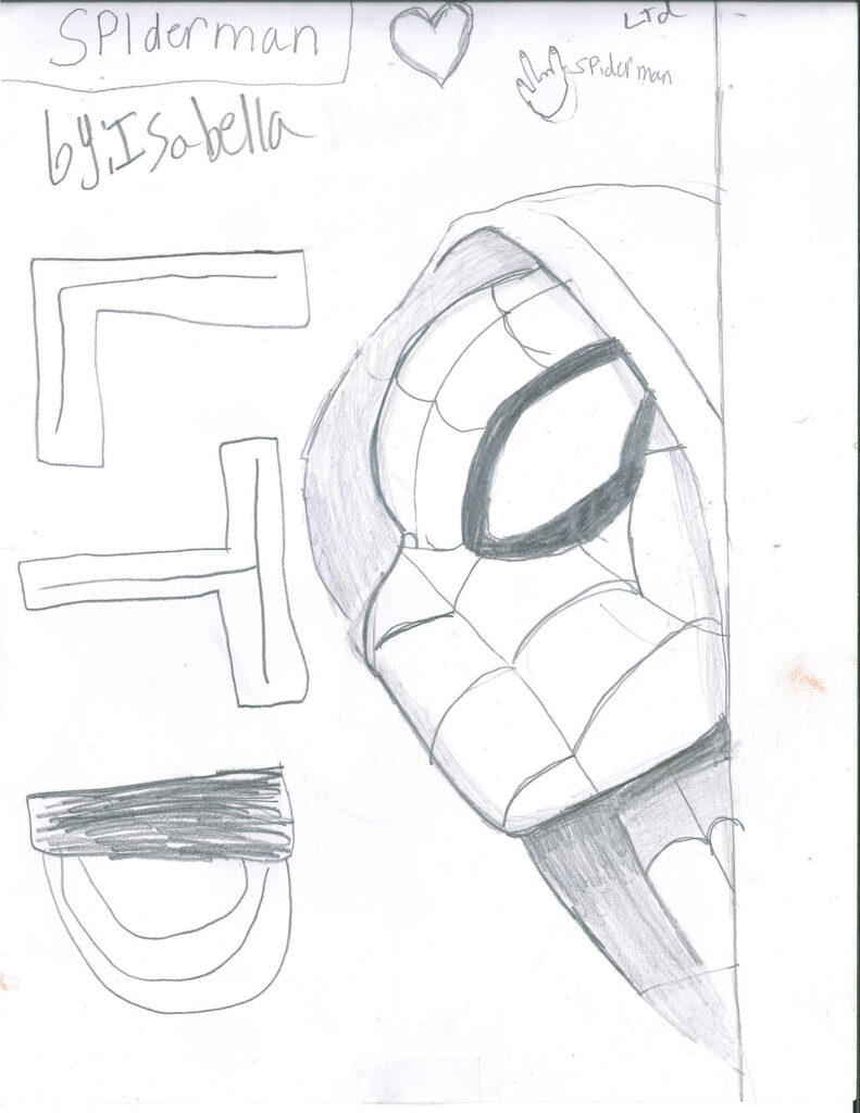 Pencil drawing of Spiderman&rsquo;s face on the right, with geometric shapes and handwritten notes, including "Spiderman" and "by Isabella," on a white background.