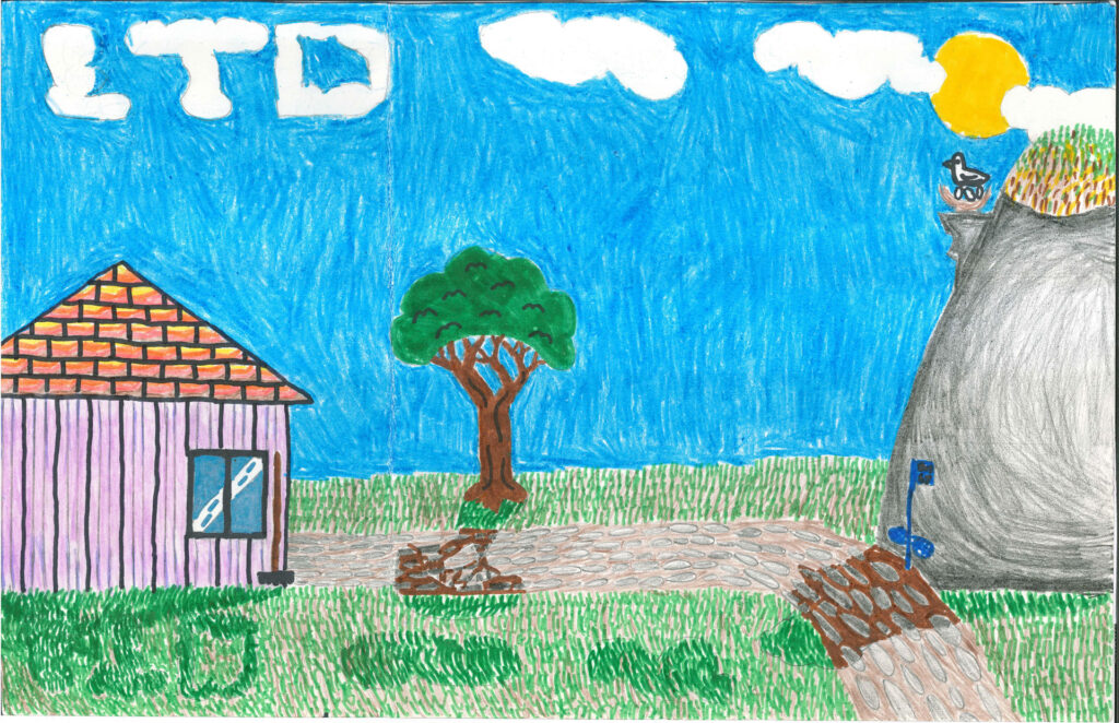 A drawing of a house, a tree, and a rocky hill with a bird. "LTD" is written in the clouds; the sun is partly visible in the top right corner. Paths cross the grassy area.