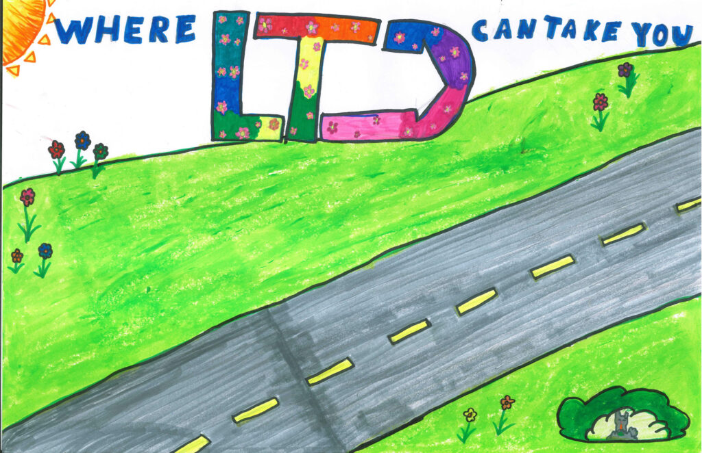 A colorful drawing shows a road on green hills with large decorated letters "LTD" and the text "Where LTD can take you" in the sky. Flowers and part of a sun appear in the scene.