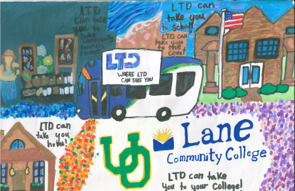 A colorful drawing shows an LTD bus, buildings, plants, and Lane Community College&rsquo;s logo, with text stating places LTD can take you, including school, home, and college.