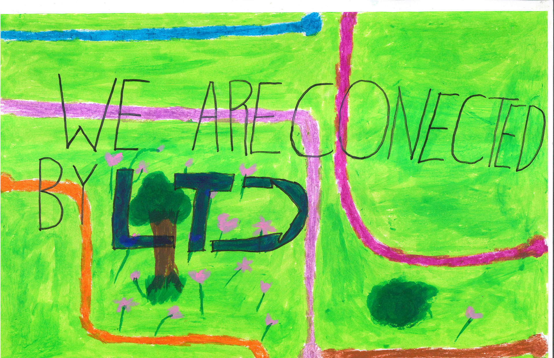 A colorful drawing with green fields, paths, trees, and the words "WE ARE CONECTED BY LTD" written across the top.