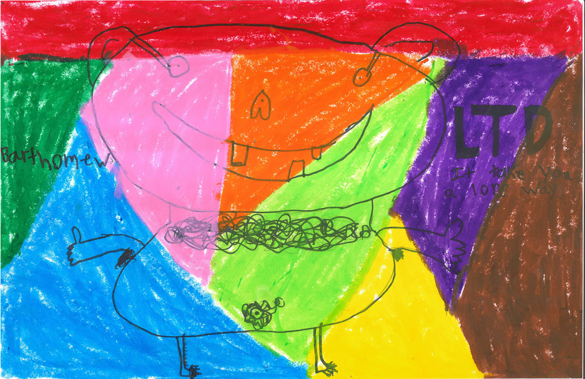A colorful crayon drawing of a smiling, round creature with big ears and thumbs up, divided into segments of red, green, pink, orange, blue, yellow, brown, and purple. Text reads "LTD" and "Bartholomew".