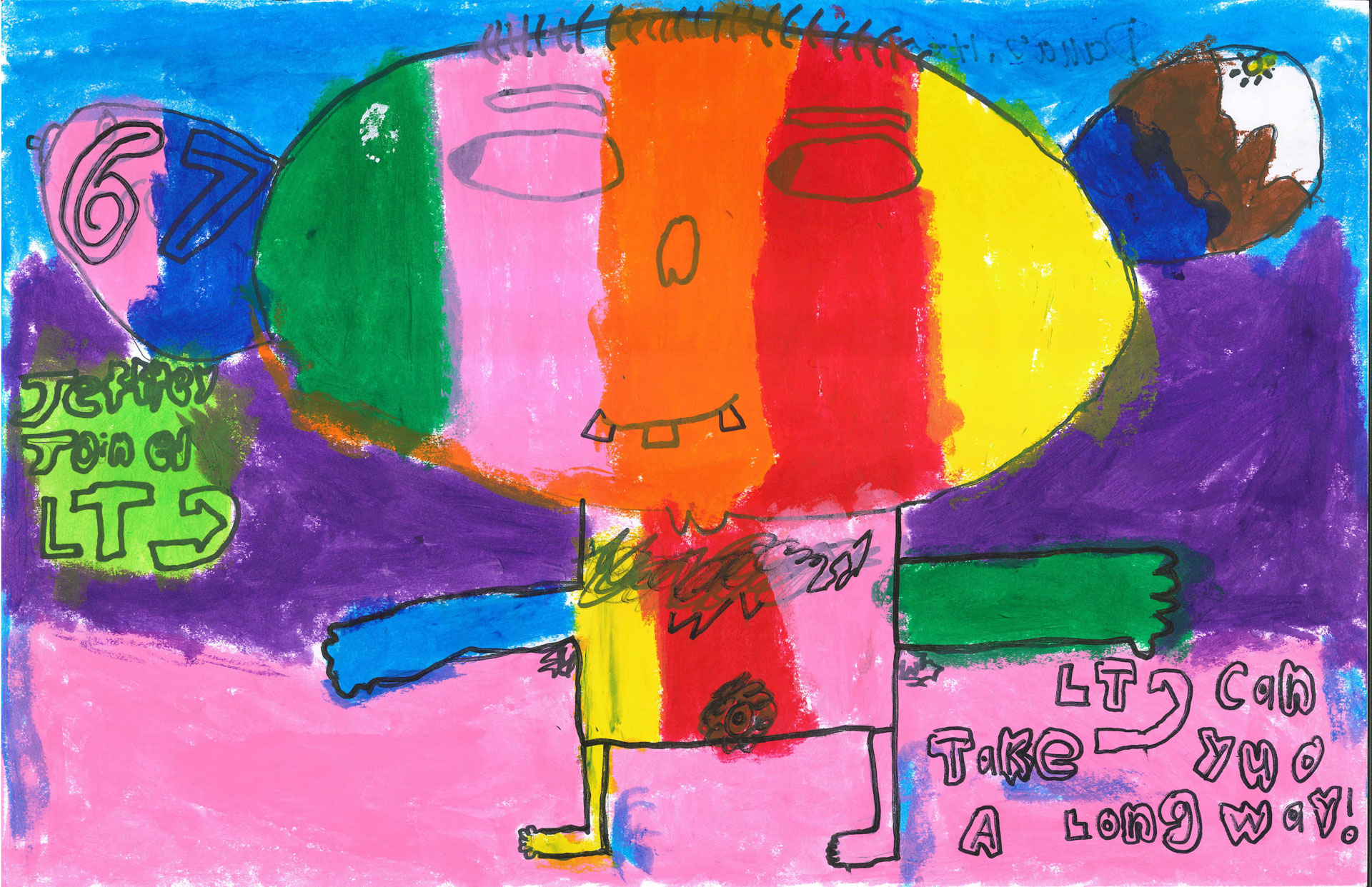 Colorful drawing of a figure with a divided multicolored face, blue arms, and writing that says, "LT can take you a long way!" against a purple and blue background.