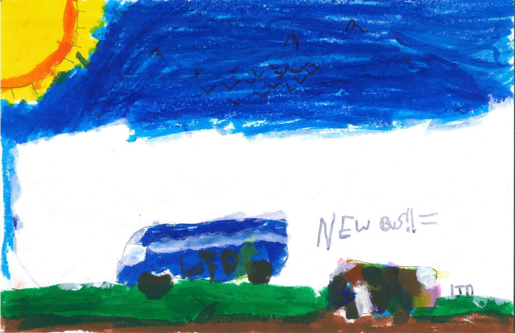 A child&rsquo;s painting shows a blue bus, green grass, a yellow sun, birds in a blue sky, and the handwritten words &ldquo;NEW BUS!!&rdquo; next to the bus.