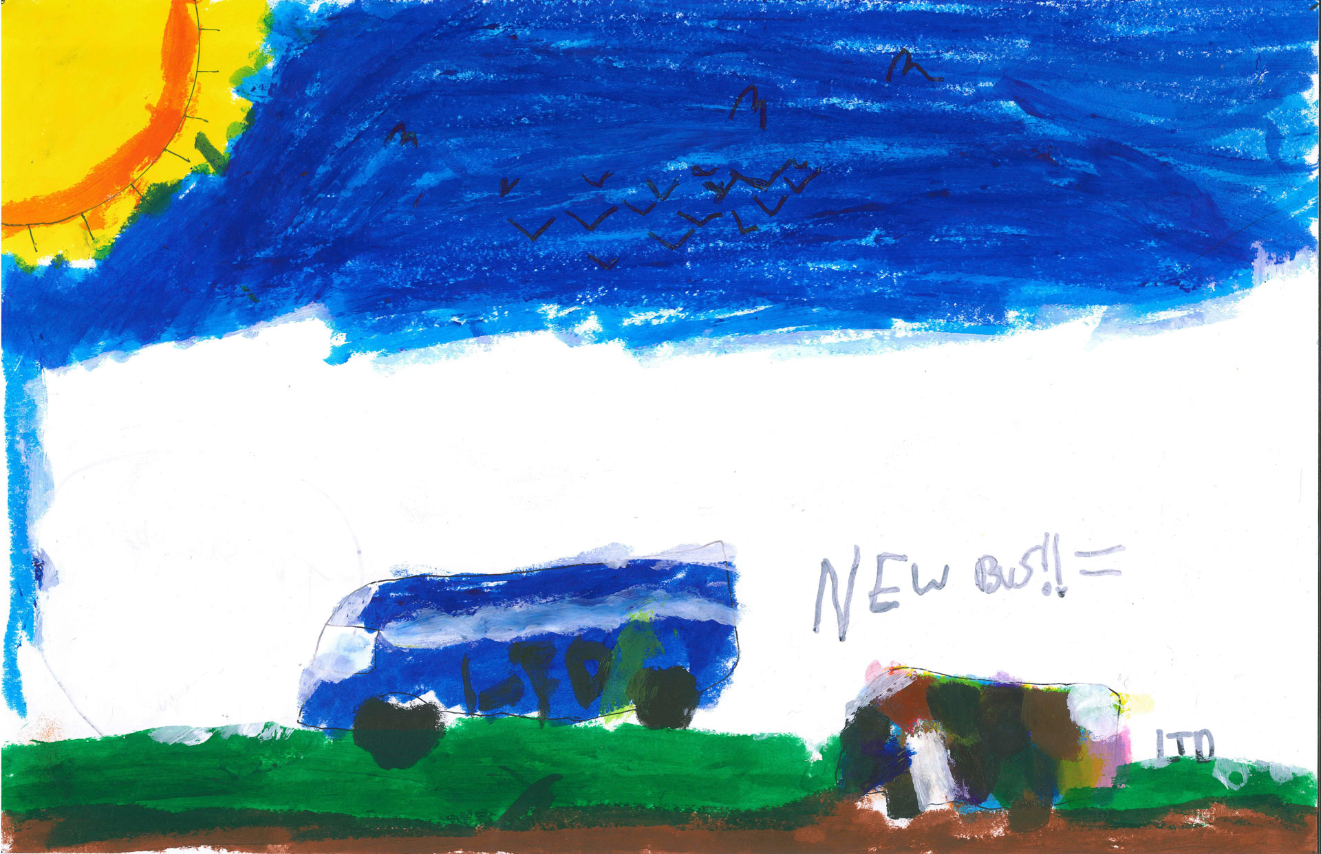 A child&rsquo;s painting shows a blue bus, green grass, a yellow sun, birds in a blue sky, and the handwritten words &ldquo;NEW BUS!!&rdquo; next to the bus.