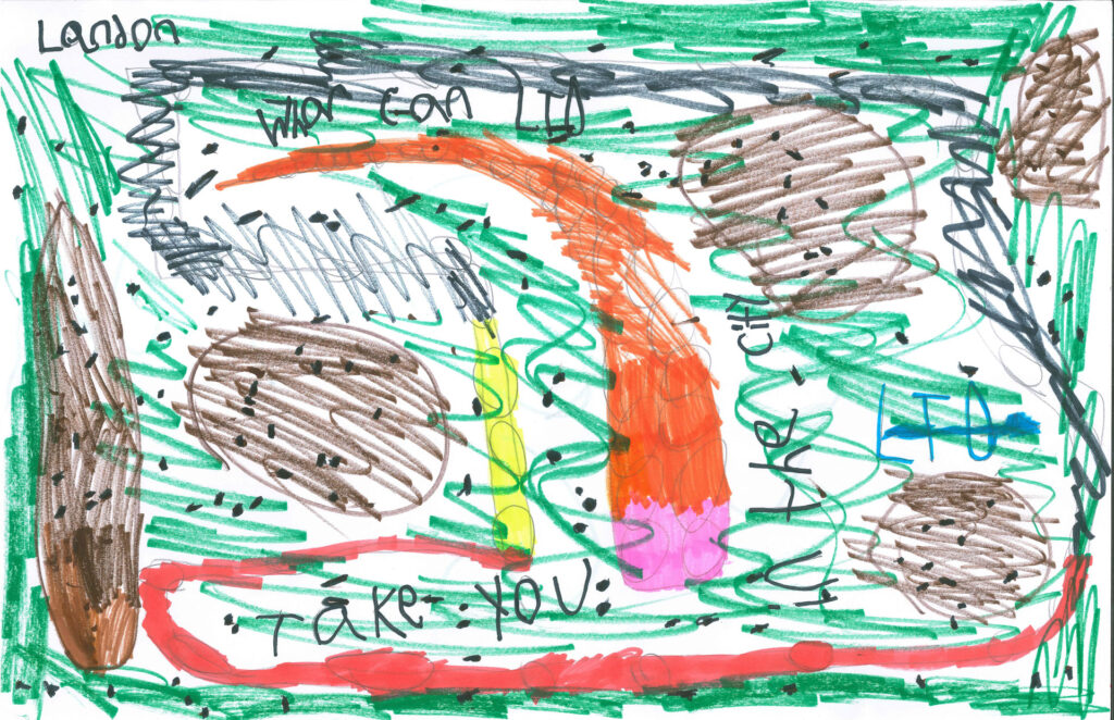 A colorful, abstract child's drawing with scribbles, shapes, and words including "How can I help you?" and the name "Landon" written at the top left.