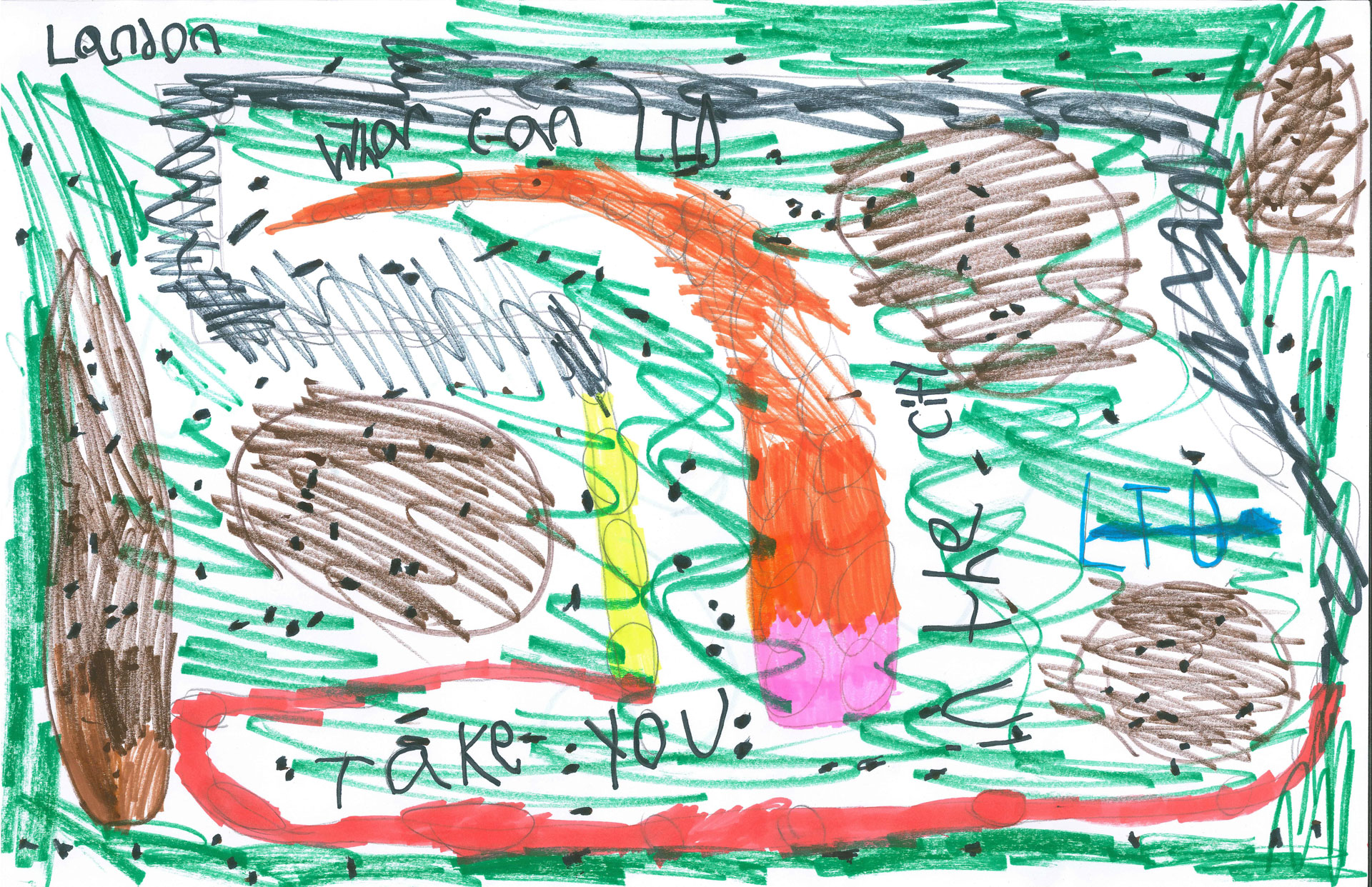 A colorful, abstract child's drawing with scribbles, shapes, and words including "How can I help you?" and the name "Landon" written at the top left.