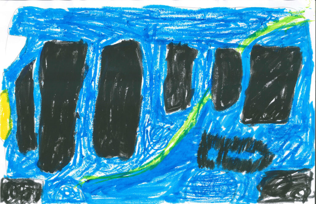 A child&rsquo;s drawing featuring four large black vertical rectangles on a blue background with a green diagonal line and a yellow arc on the left side.
