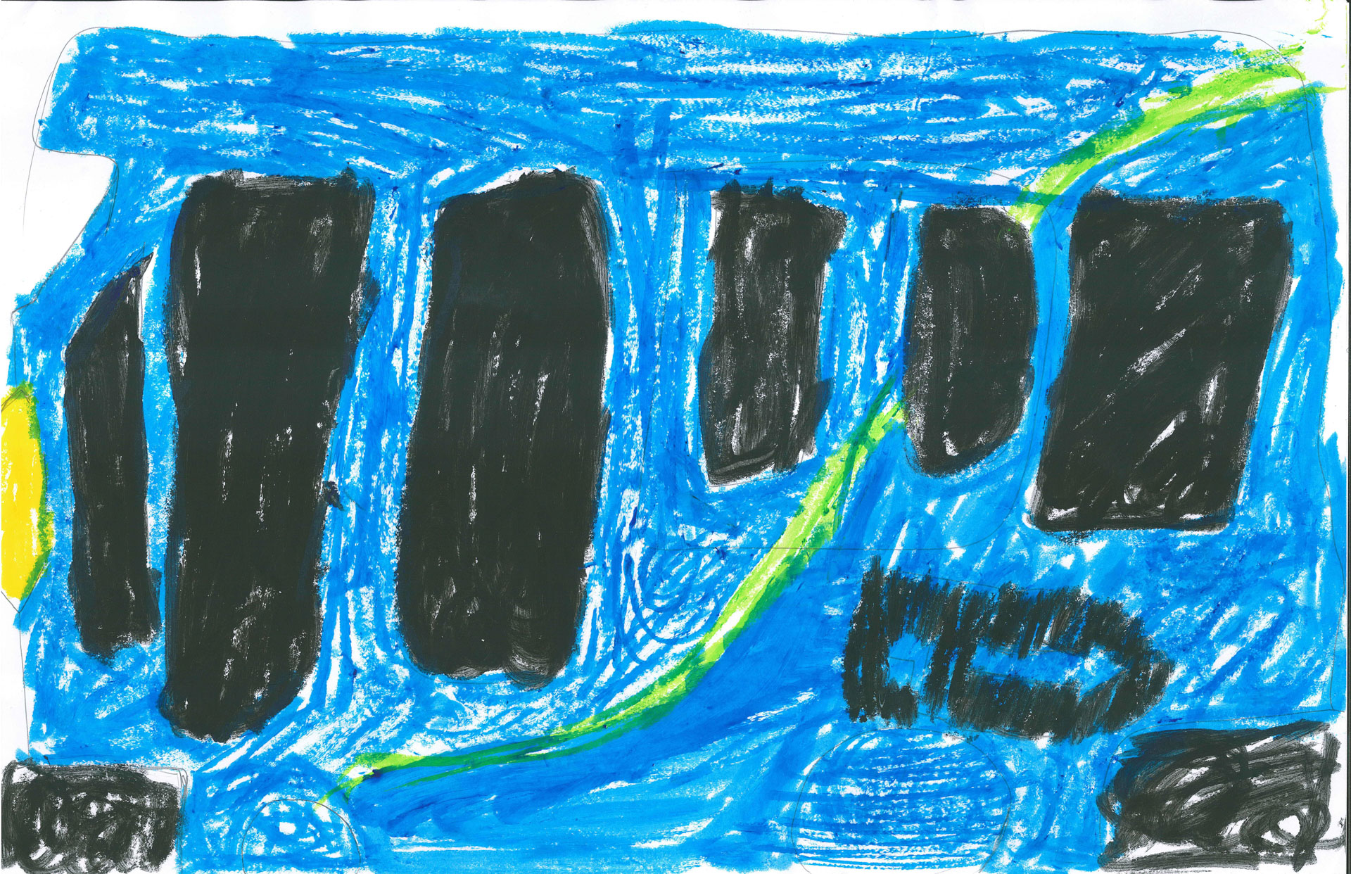 A child&rsquo;s drawing featuring four large black vertical rectangles on a blue background with a green diagonal line and a yellow arc on the left side.
