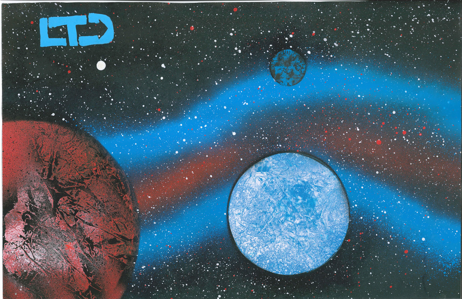 A spray-painted space scene shows a red planet, a blue planet, a smaller blue moon, blue waves across the background, and "LTD" in blue letters in the top left corner.