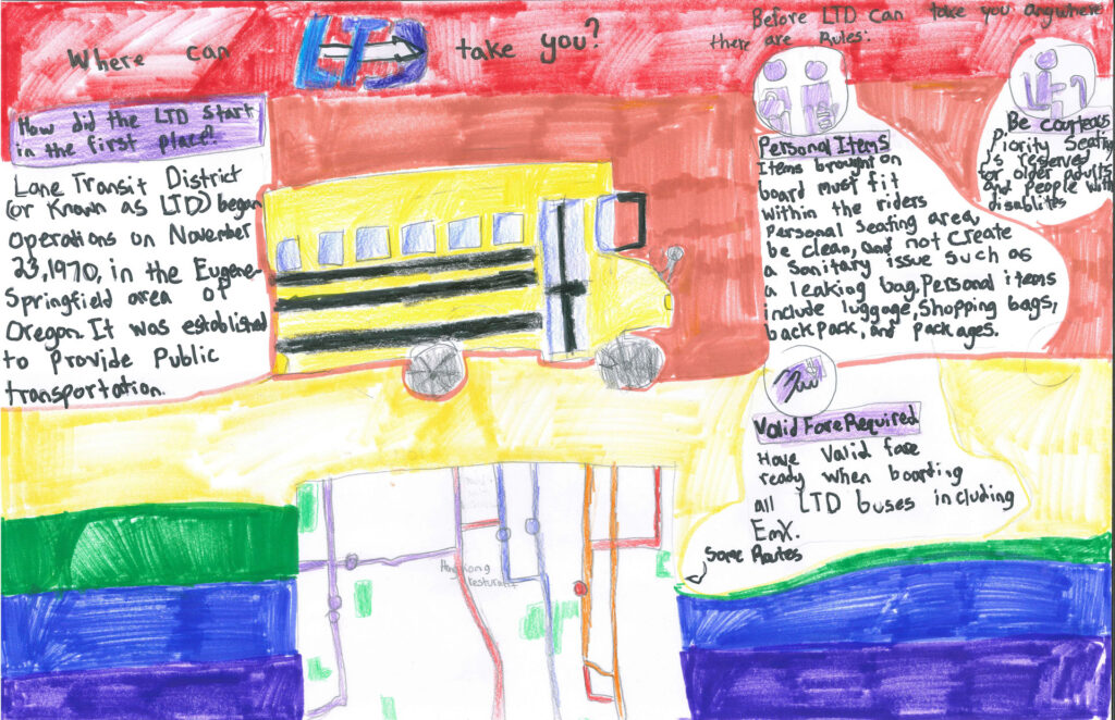 A child&rsquo;s drawing features an info poster about Lane Transit District with a yellow bus, rules for riding, and a map of bus routes in Eugene, Oregon. Handwritten text and colorful decorations throughout.