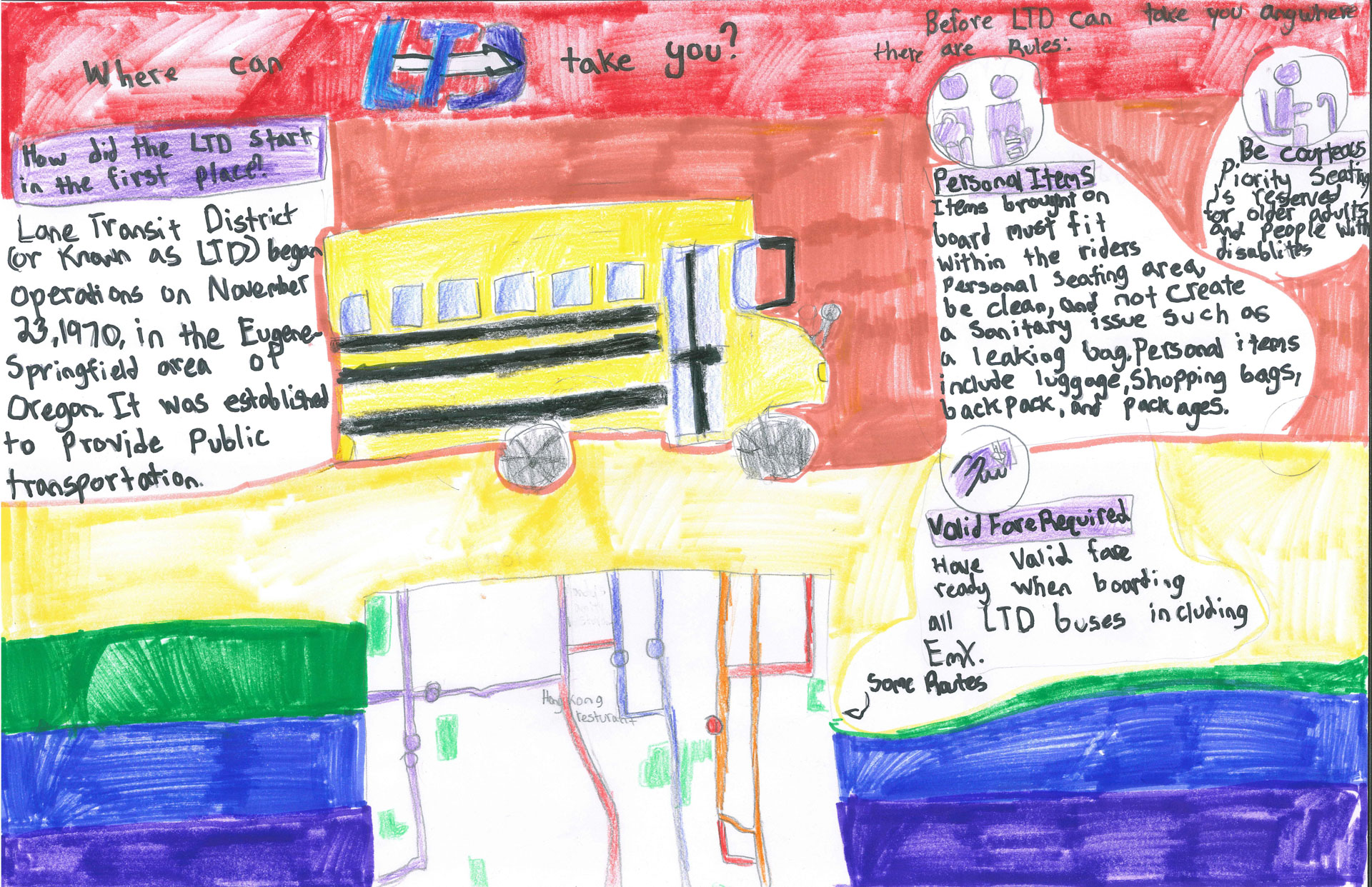 A child&rsquo;s drawing features an info poster about Lane Transit District with a yellow bus, rules for riding, and a map of bus routes in Eugene, Oregon. Handwritten text and colorful decorations throughout.