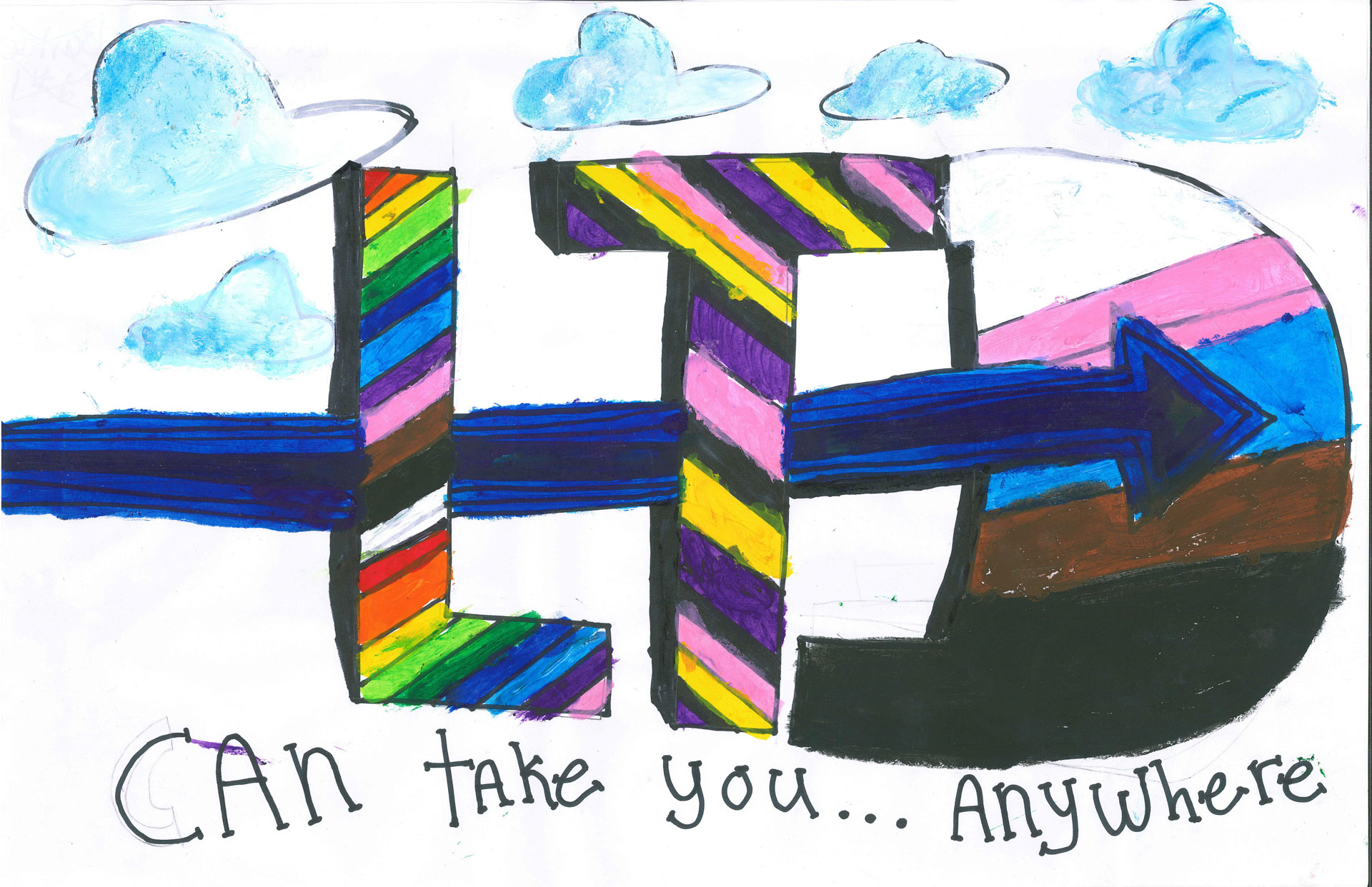 The letters "LTD" are illustrated with rainbow, transgender, and bisexual pride flag colors, a blue arrow, clouds, and the phrase "can take you... anywhere" below.