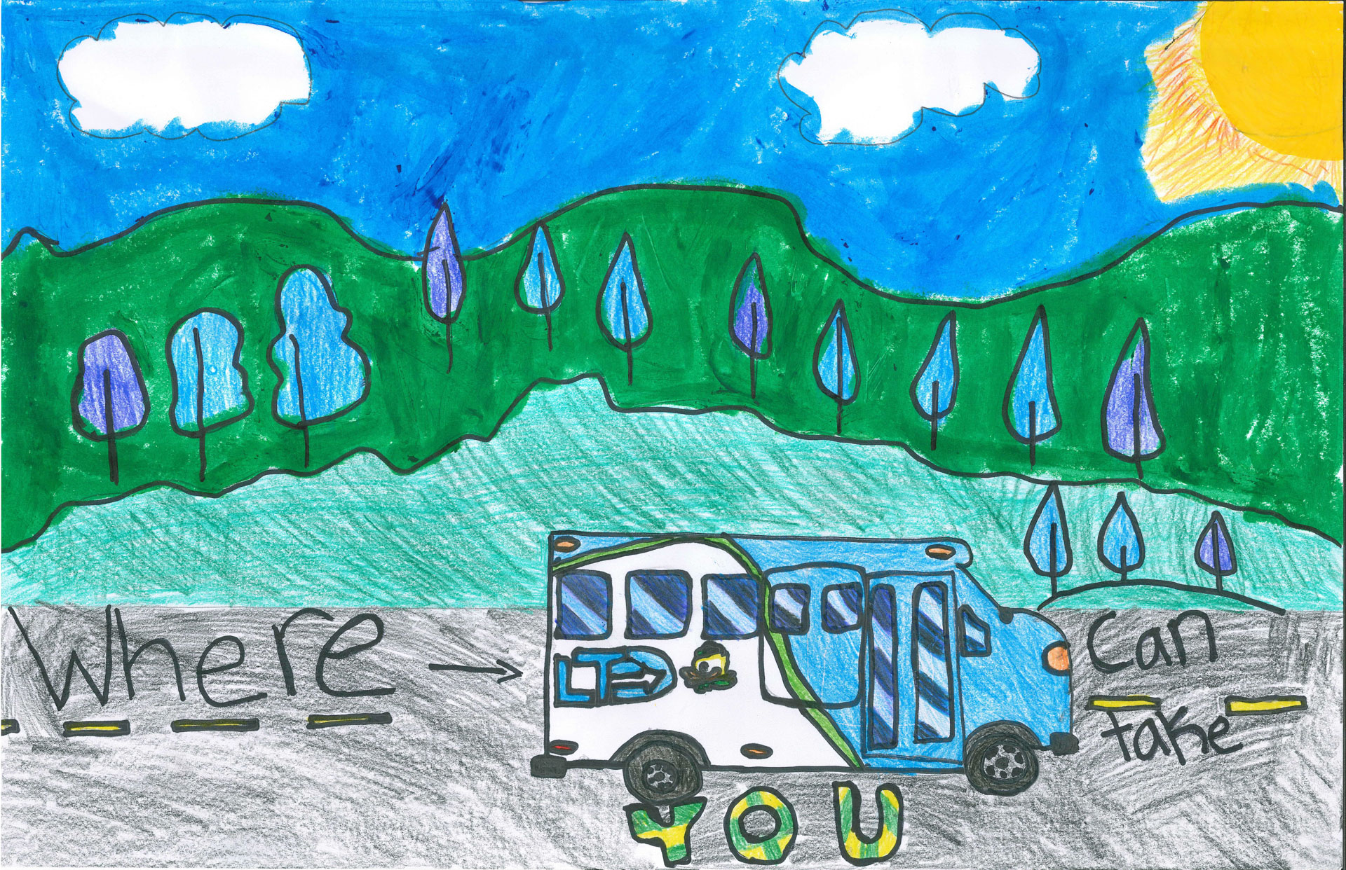 Children's drawing of a blue and white bus on a road with green hills, trees, clouds, and sun; text reads "Where can YOU take".