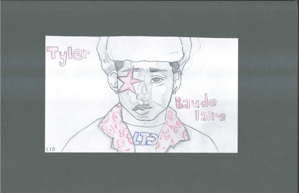 Pencil drawing of a person in a hat and patterned scarf with a pink star over one eye. The names "Tyler" and "Baudelaire" are written in pink on either side.