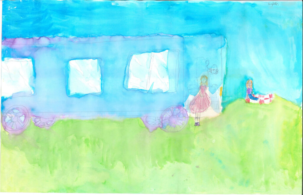 A watercolor painting of two girls near a blue train car on green grass under a blue sky. One girl stands by the train while the other sits on the grass with a red-and-white object.