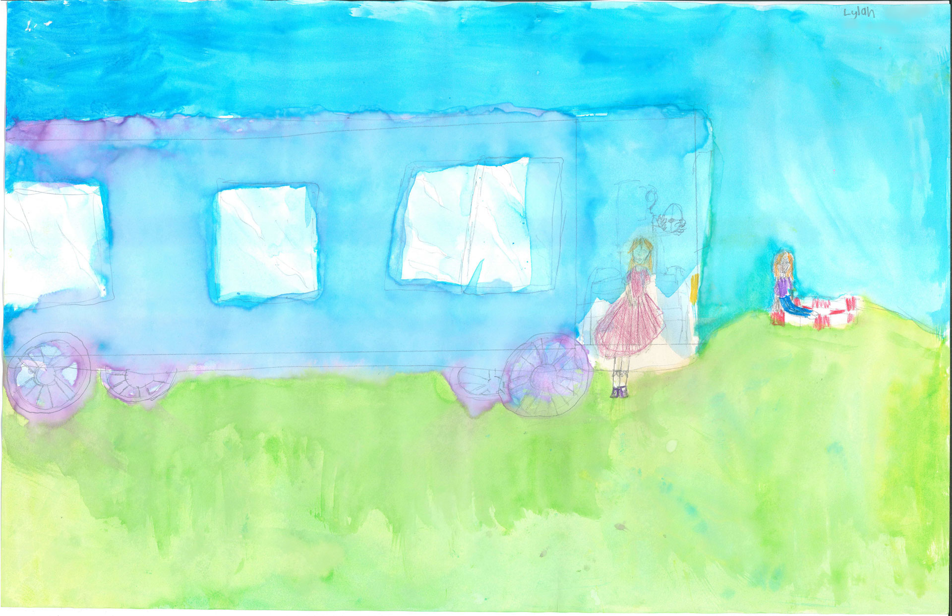 A watercolor painting of two girls near a blue train car on green grass under a blue sky. One girl stands by the train while the other sits on the grass with a red-and-white object.