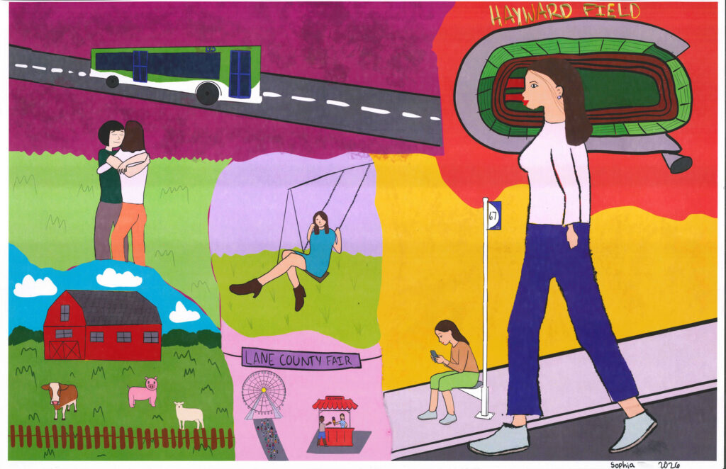 Colorful illustration showing scenes from Lane County, including a farm, a couple hugging, a girl on a swing, a bus, a fair, and a woman walking by a stadium and a bus stop while using her phone.