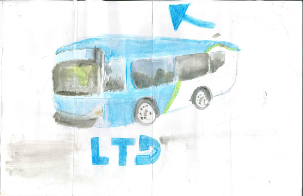 A blue and white bus with a green stripe is illustrated above the letters "LTD" and a large blue arrow pointing upward and to the right.