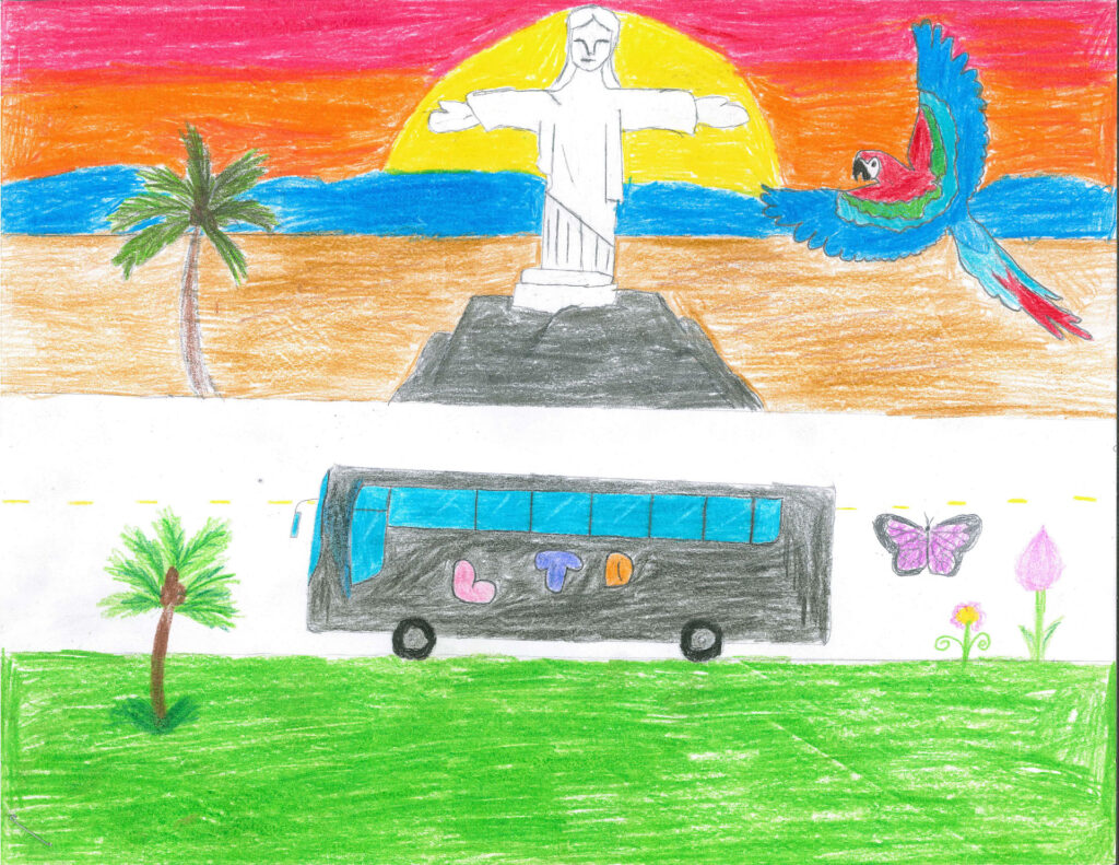 Child&rsquo;s drawing of a bus on a road, palm trees, butterfly, flower, a parrot flying, and the Christ the Redeemer statue against a sunset sky.