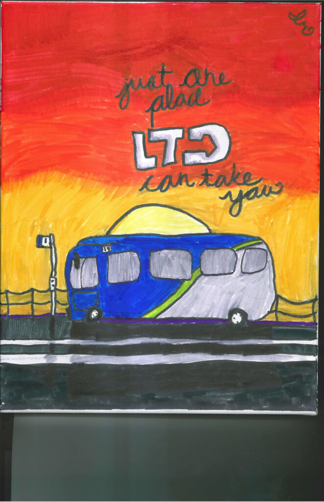 A painted bus against a sunset sky with the words &ldquo;just one place LTD can take you&rdquo; written above it; the bus is near a stop sign on a road with a fence.