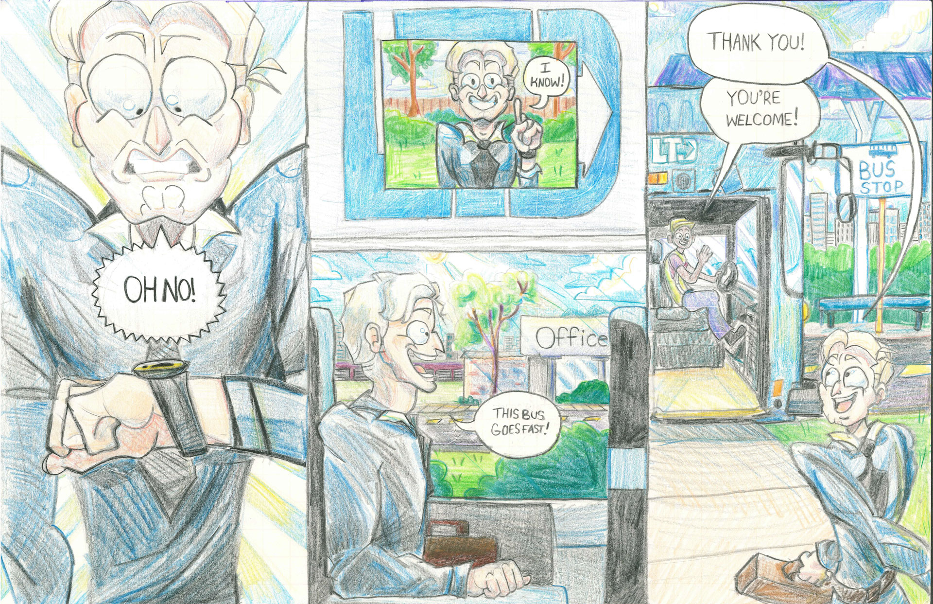 A man realizes he is late, rushes to catch a bus, rides it, and thanks the driver as he gets off at the bus stop.