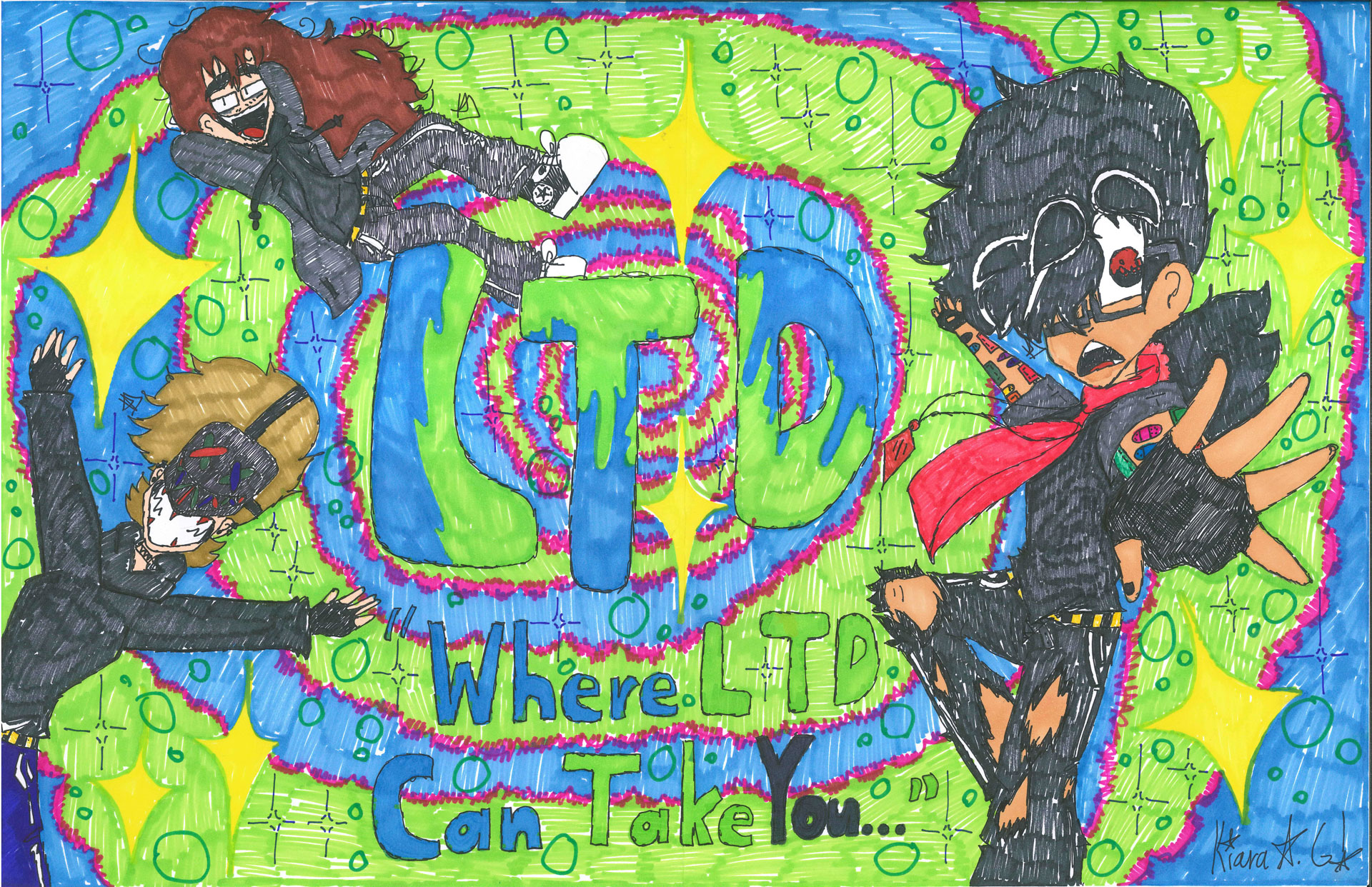 Colorful hand-drawn poster showing three animated characters posing around large, bold letters "LTD" with the text "Where LTD Can Take You" against a vibrant, psychedelic background.