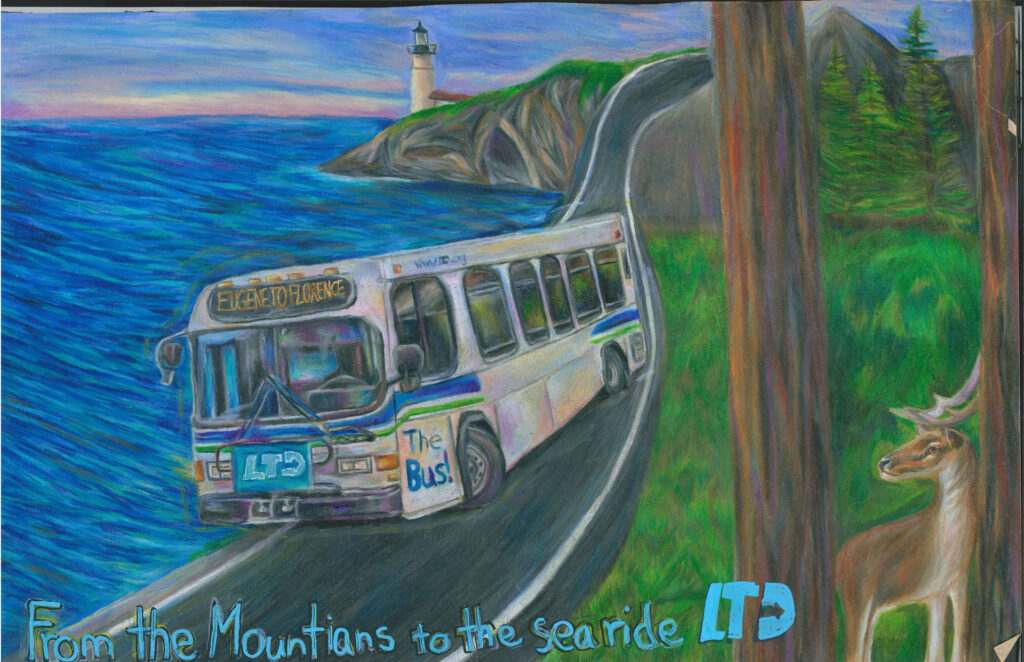 A bus labeled "LTD The Bus" travels on a coastal road by a lighthouse and trees, with a deer standing near the edge; text reads, "From the Mountains to the Seaside LTD.