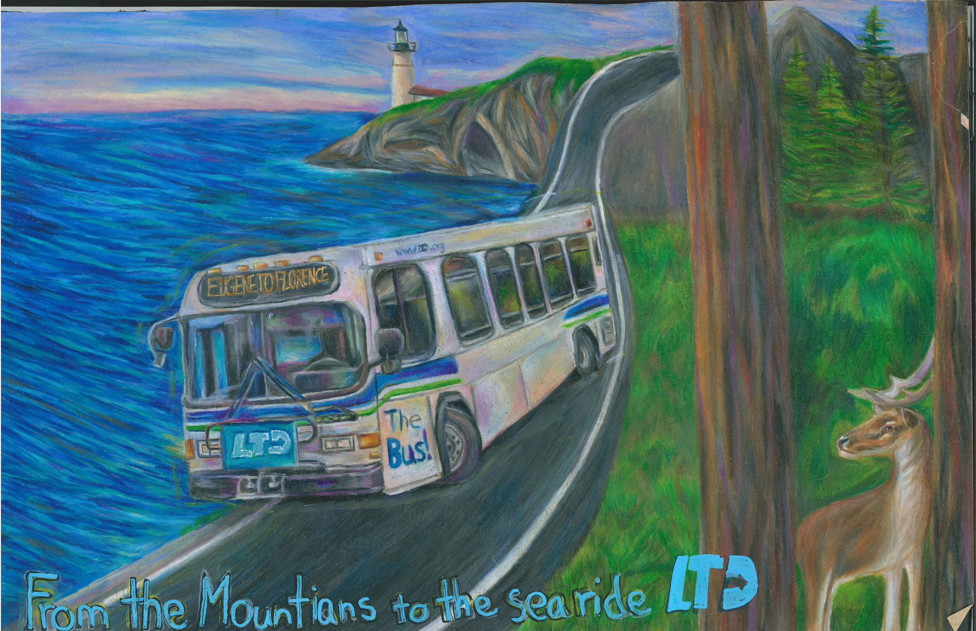 A bus labeled "LTD The Bus" travels on a coastal road by a lighthouse and trees, with a deer standing near the edge; text reads, "From the Mountains to the Seaside LTD.