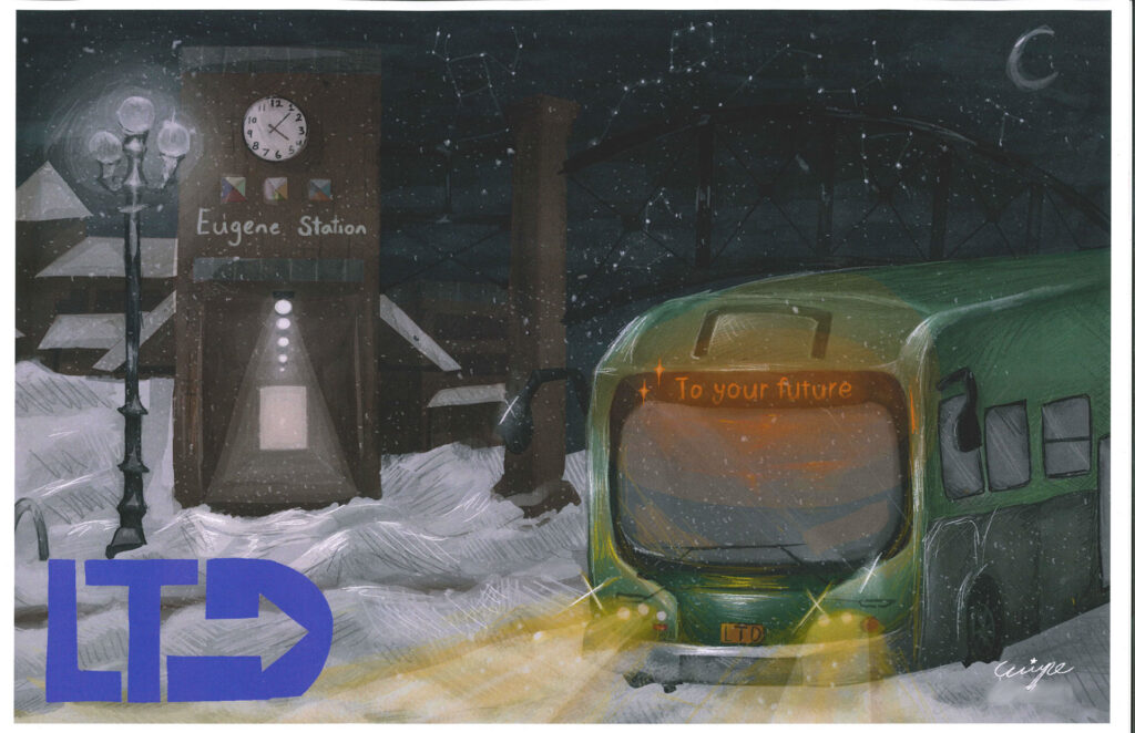 A green LTD bus with "To your future" on its display approaches Eugene Station at night in snowy weather, with streetlights and a clock tower visible.