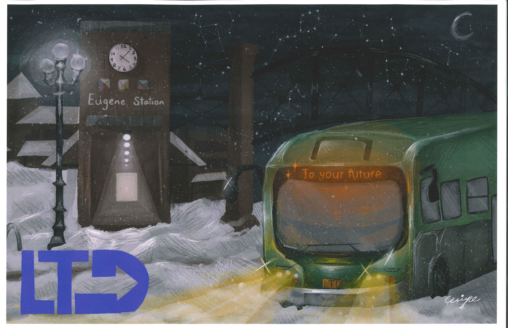 A green LTD bus with "To your future" on its display approaches Eugene Station at night in snowy weather, with streetlights and a clock tower visible.