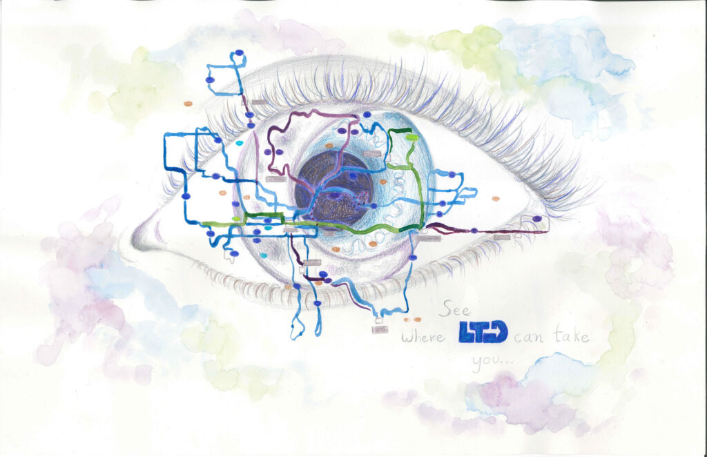A watercolor drawing of a human eye with a colorful transit map overlaid on the iris; text reads, "See where LTD can take you...