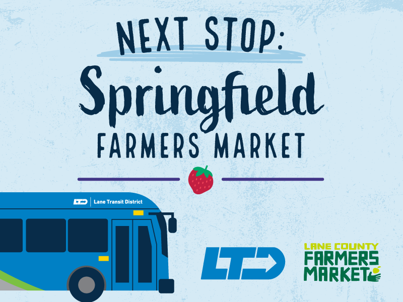 Promotional graphic for Springfield Farmers Market with a bus illustration, Lane Transit District (LTD) logo, and Lane County Farmers Market logo. Text reads "Next Stop: Springfield Farmers Market.