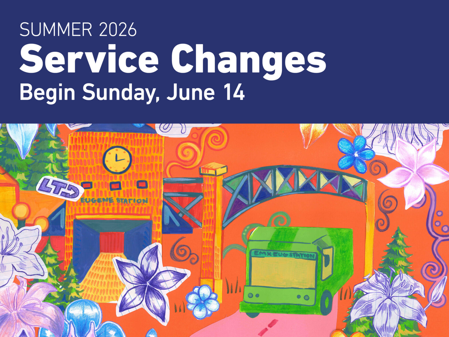 Colorful illustration of a train station and bus with flowers, under a banner reading "Summer 2026 Service Changes Begin Sunday, June 14.