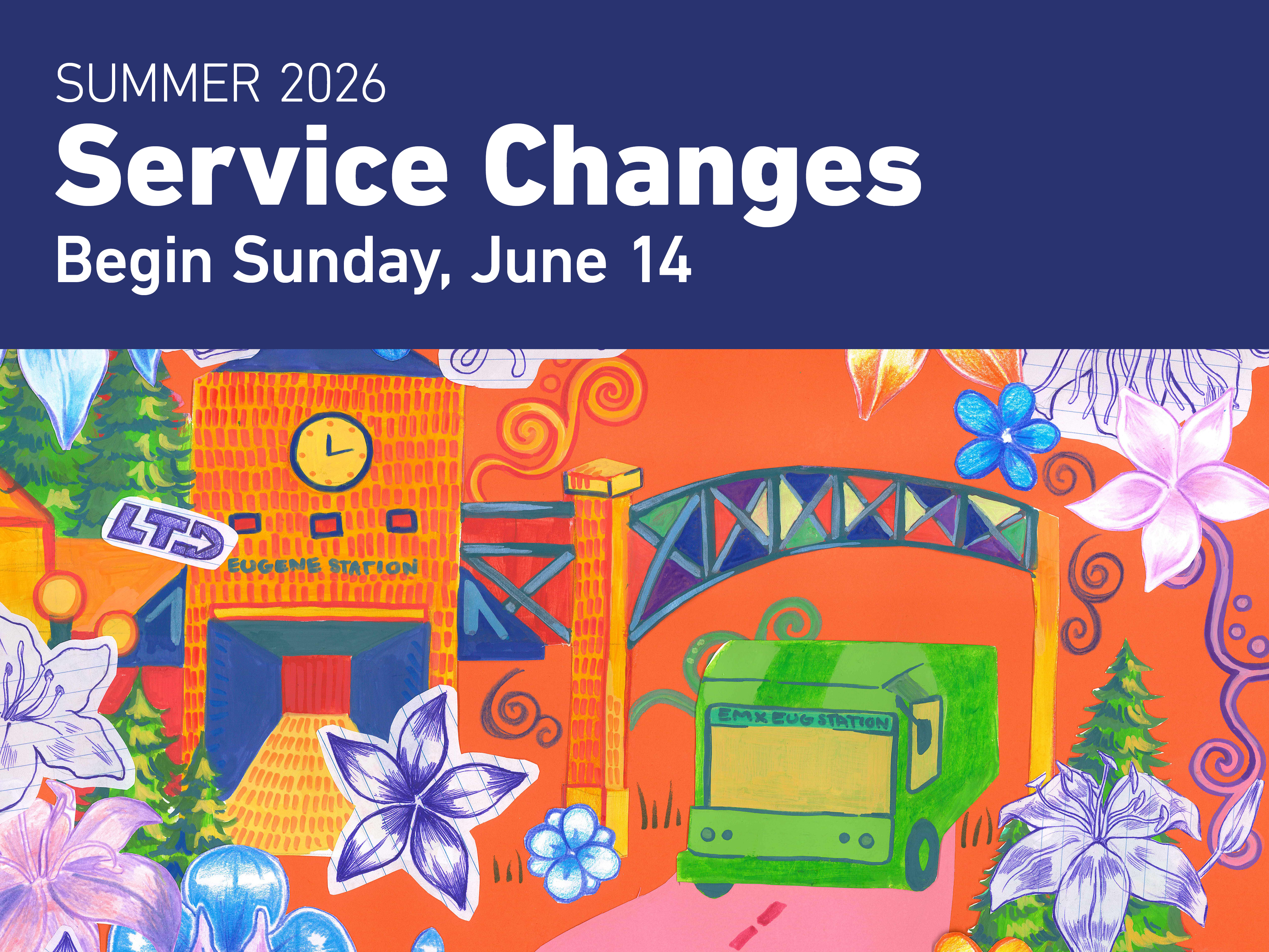 Colorful illustration of a train station and bus with flowers, under a banner reading "Summer 2026 Service Changes Begin Sunday, June 14.