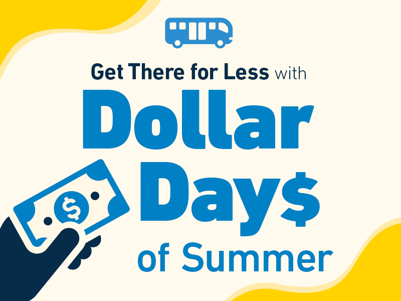 A hand holding a dollar bill with text saying "Get There for Less with Dollar Days of Summer" and an icon of a bus at the top.