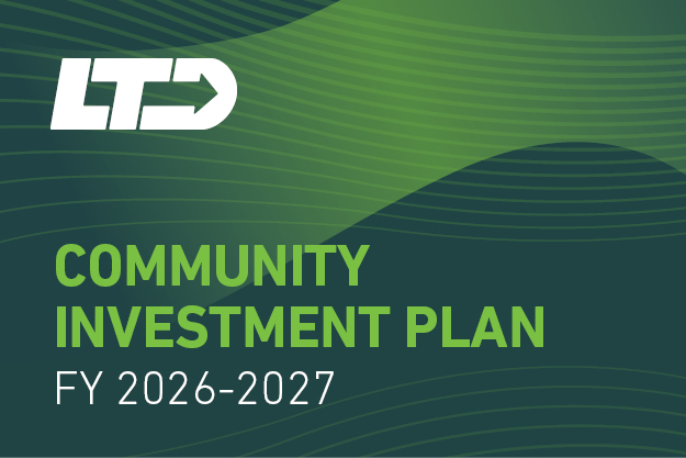 Cover page with "LTD" logo and text: "Community Investment Plan FY 2026-2027" on a green abstract background with wavy lines.