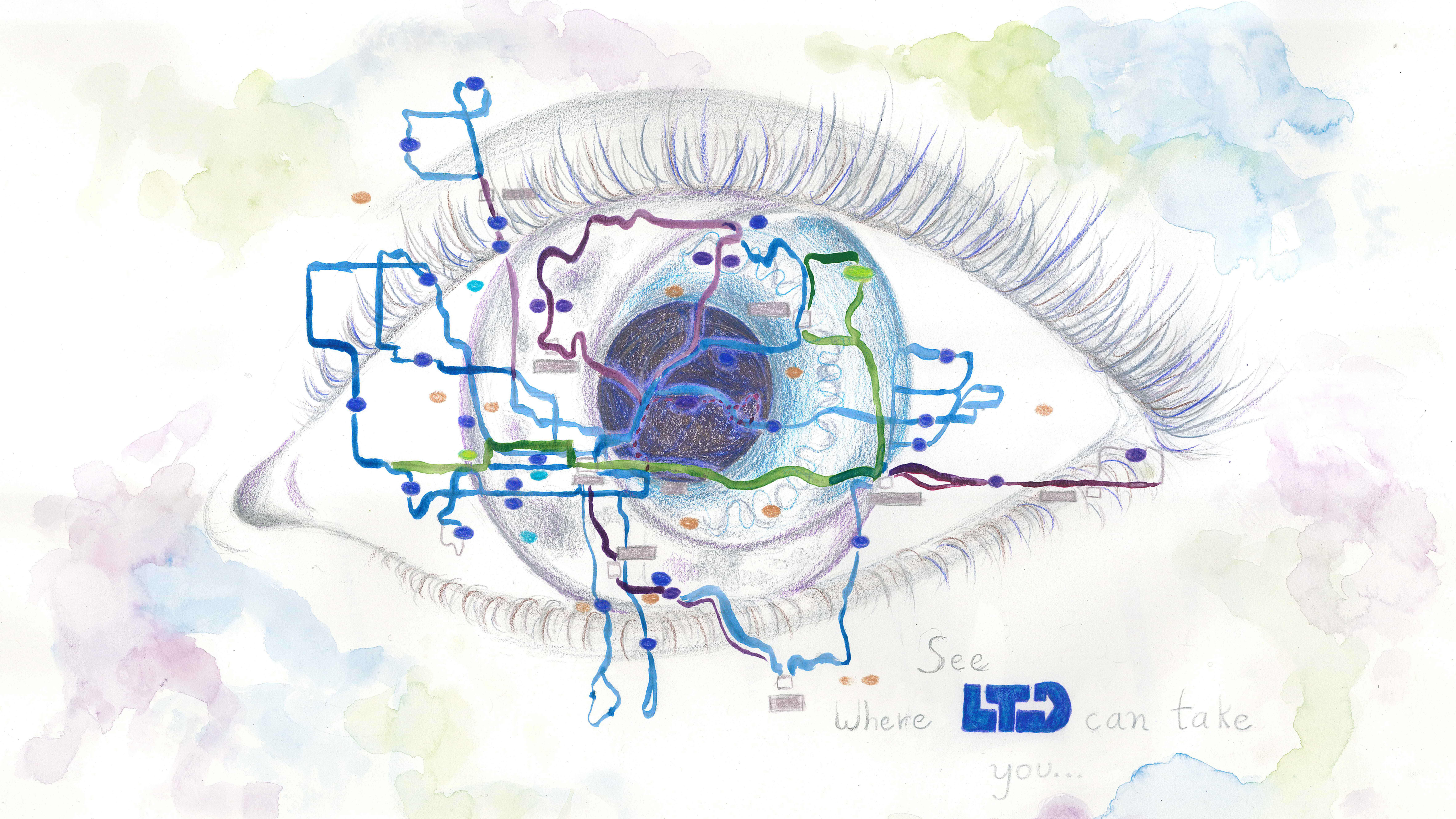 Art from a student art contest winner that depicts the Lane Transit District Map over a detailed blue eye with the phrase "See Where LTD Can Take You..."