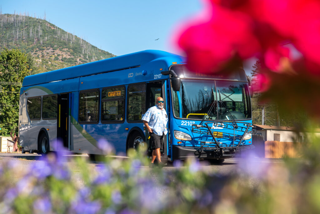 A bus driver stands beside a blue city bus labeled “Charter” on a sunny day, with colorful flowers in the foreground and a hill in the background.