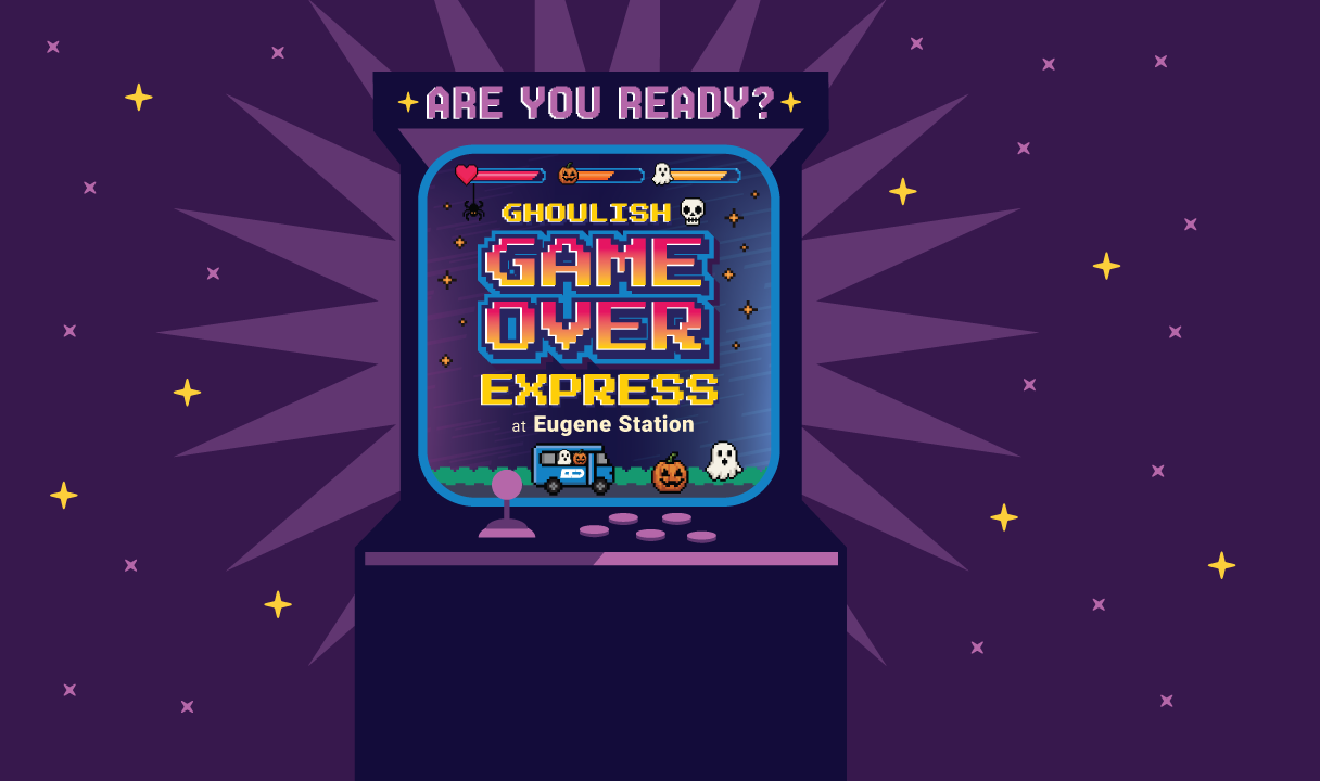Ghoulish Game Over Express at Eugene Station in retro video game style showing an arcade cabinet with pixel art bus, pumpkin, ghost, and health meter.