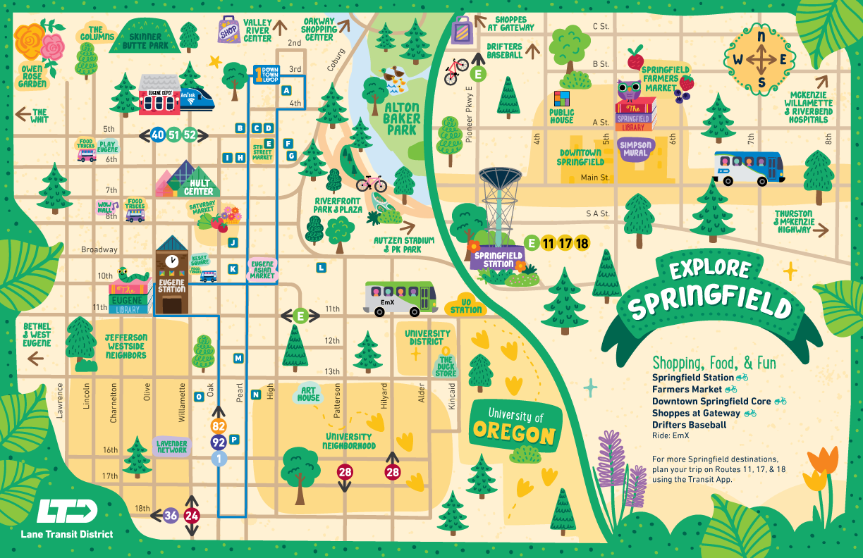 Illustrated map of the Lane Transit District bus routes in Eugene and Springfield, Oregon, featuring landmarks and transit information.