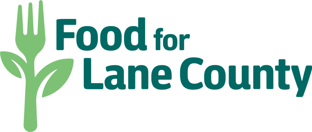 Logo for Food for Lane County, featuring a green icon of a fork shaped like a plant next to the text.
