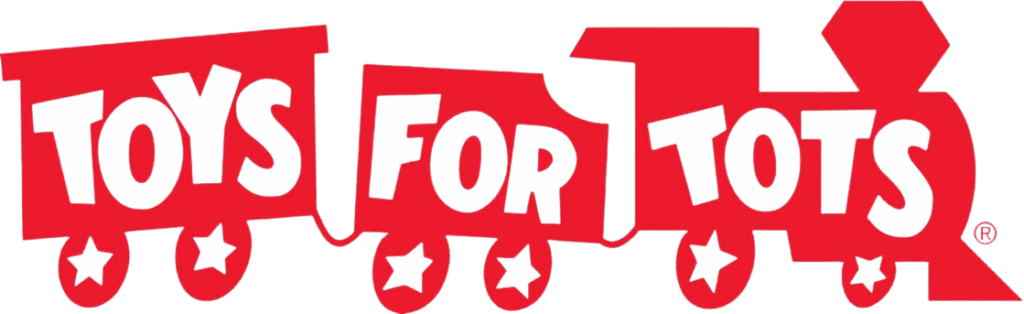 Toys for Tots logo featuring the text inside red train cars.