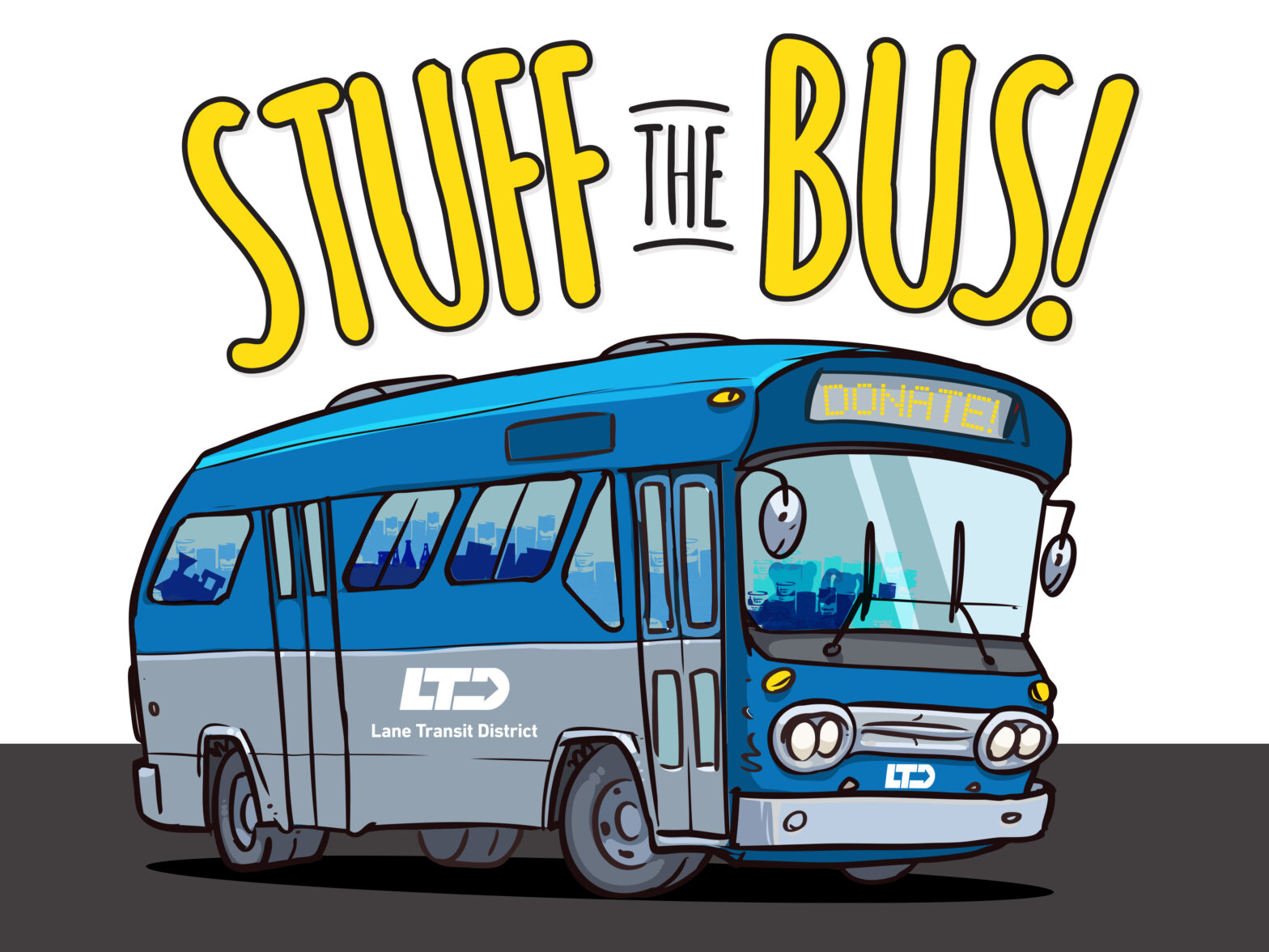 Illustration of a blue and grey Lane Transit District bus with “DONATE!” on the destination sign, under the text “STUFF THE BUS!”.