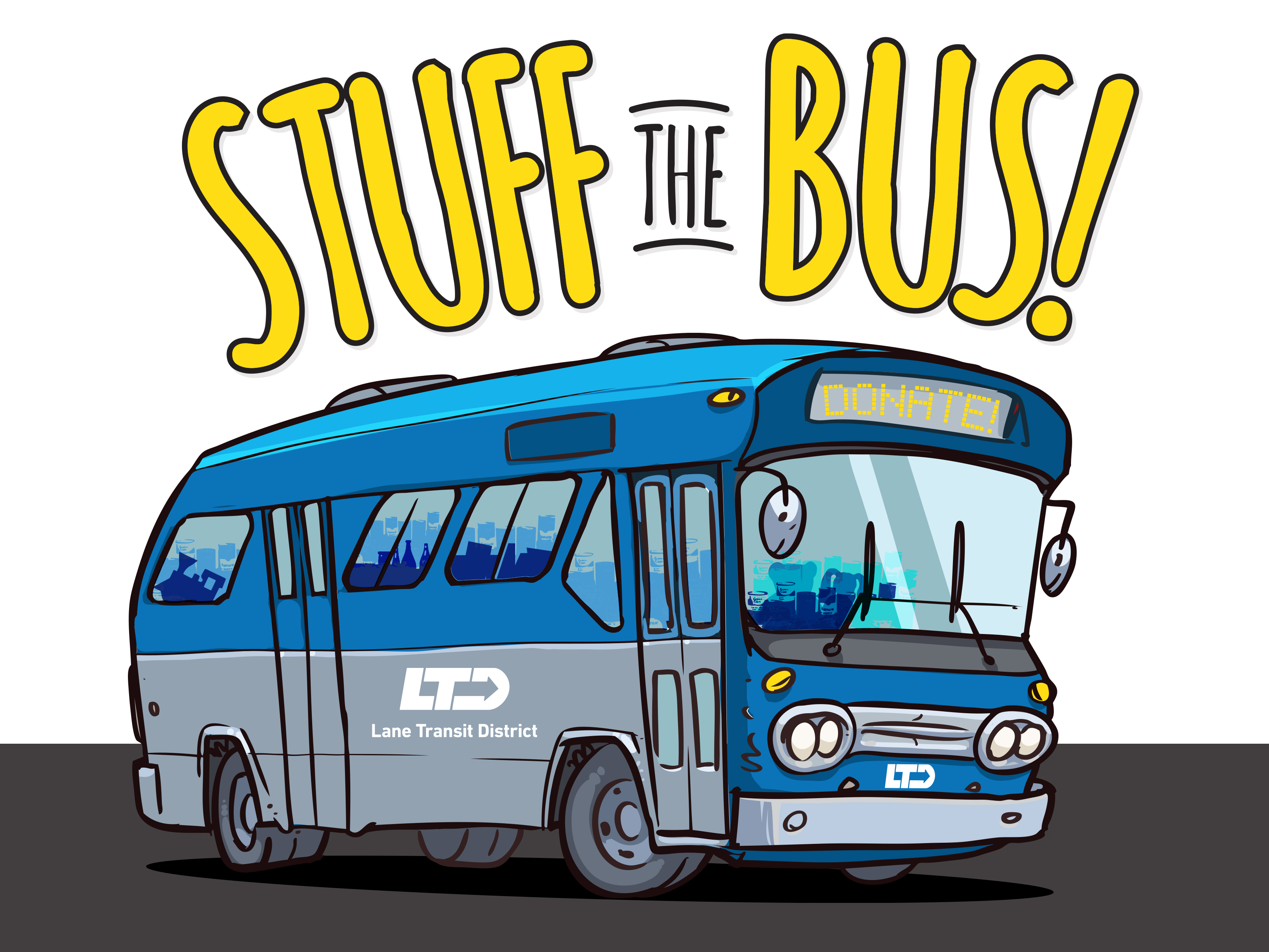 Illustration of a blue and grey Lane Transit District bus with “DONATE!” on the destination sign, under the text “STUFF THE BUS!”.